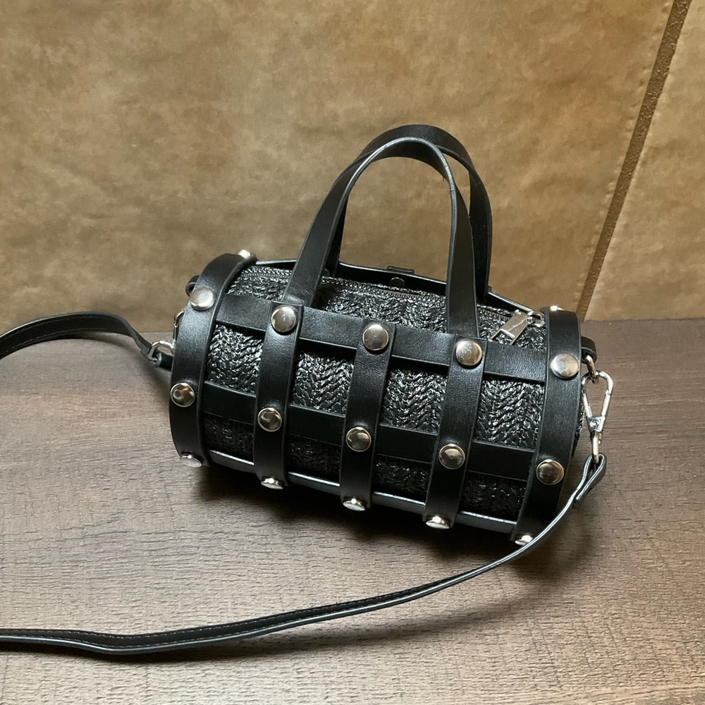 Mini Barrel Black strapped studded Crossbody Top Handle Handbag